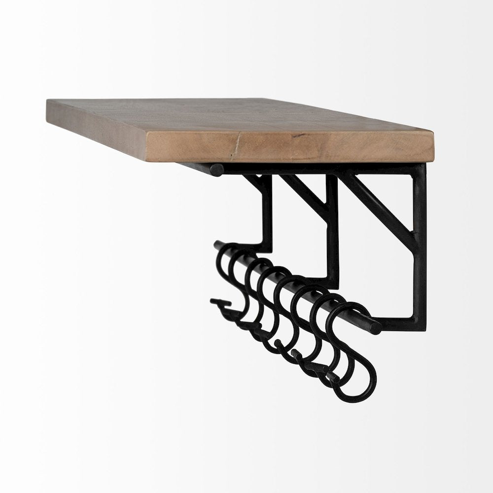 Schutt 36L Wall Mounted Wooden Shelf w/ 8 Hooks for Coats, Hats