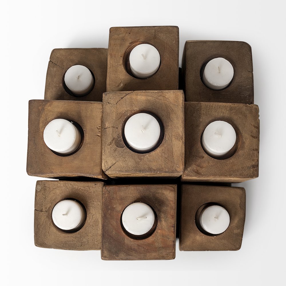 Cassius Light Brown Nine Wood Block Table Candle Holder