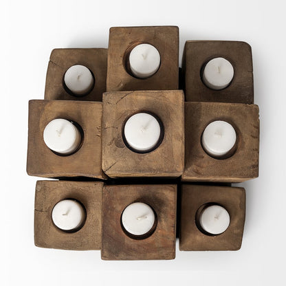 Cassius Light Brown Nine Wood Block Table Candle Holder