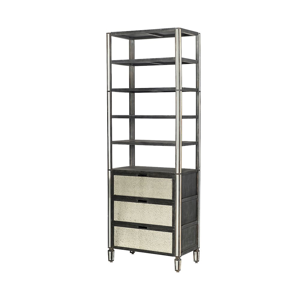 Sunnyvale Dark Brown Solid Wood and Mirrored Glass Four Shelf Shelving Unit