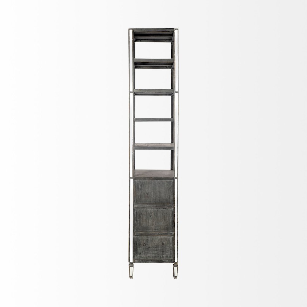 Sunnyvale Dark Brown Solid Wood and Mirrored Glass Four Shelf Shelving Unit