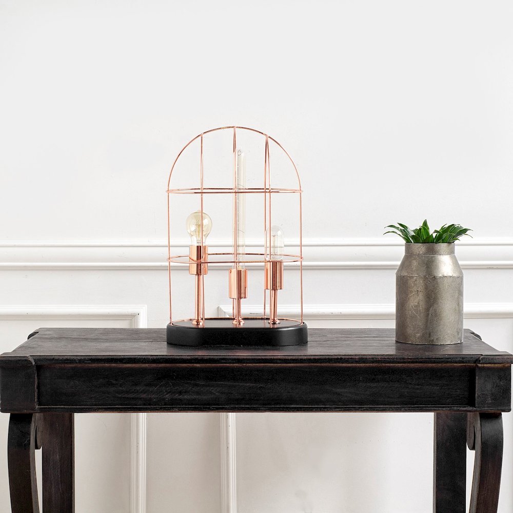 Sutton (19.3"H) Rose-Gold Metal Cylindrical Cage Three Bulb Table Lamp
