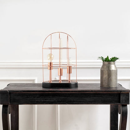 Sutton (19.3"H) Rose-Gold Metal Cylindrical Cage Three Bulb Table Lamp
