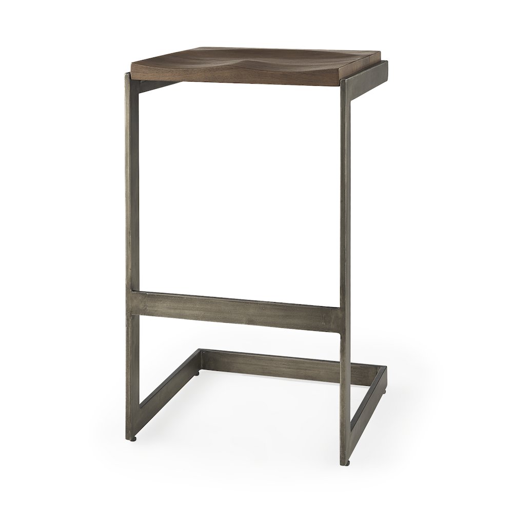 Medium Brown Wood W/ Antique Nickel Finished Metal Frame Bar Stool