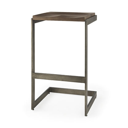 Medium Brown Wood W/ Antique Nickel Finished Metal Frame Bar Stool
