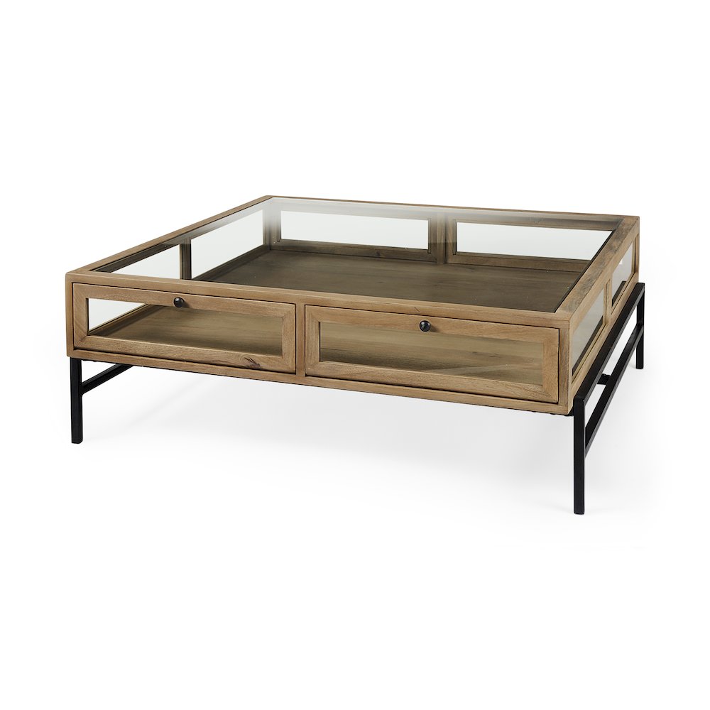 42" Square Glass-Top Light Brown w/ Black Metal Base Display Coffee Table