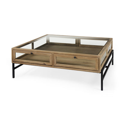 42" Square Glass-Top Light Brown w/ Black Metal Base Display Coffee Table