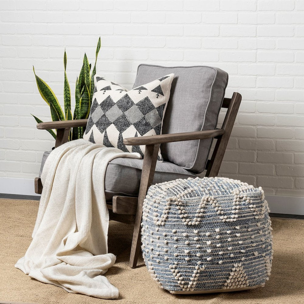 Rofi Blue Denim and Cream Cotton Stitched Square Pouf