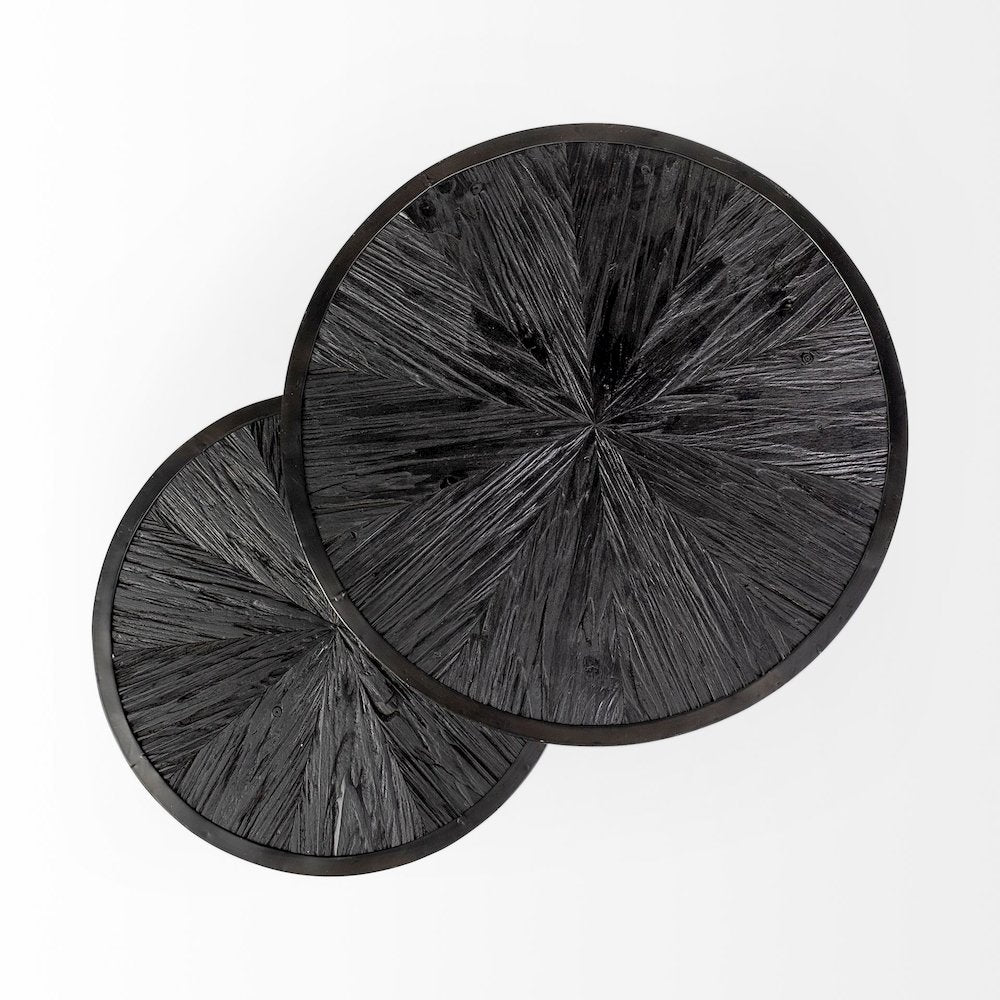 Chakra 19.7" Set of Two Round Dark Wood Top Black Frame Accent Tables