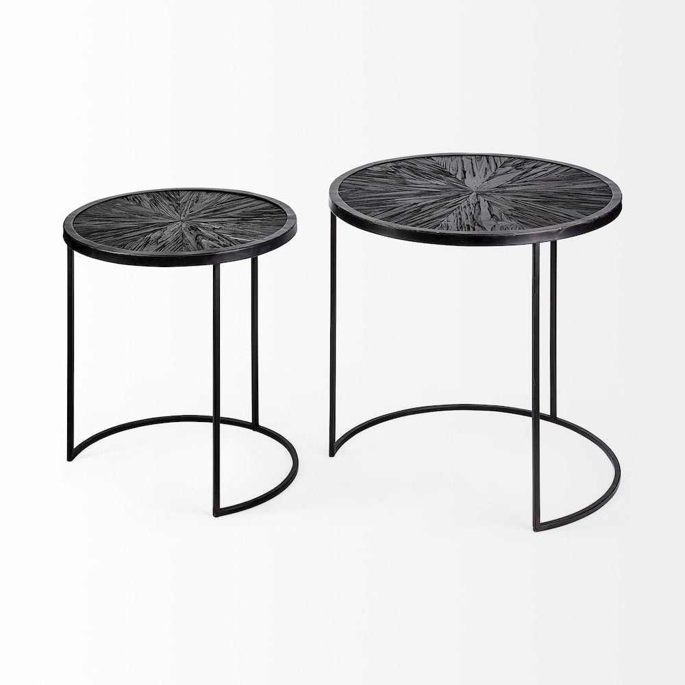 Chakra 19.7" Set of Two Round Dark Wood Top Black Frame Accent Tables