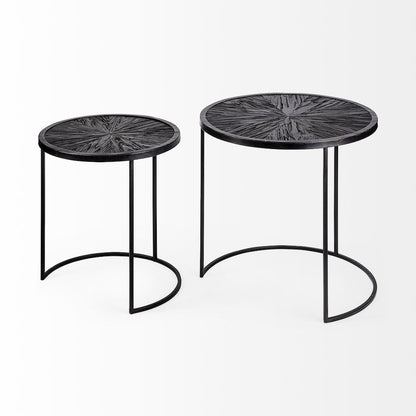 Chakra 19.7" Set of Two Round Dark Wood Top Black Frame Accent Tables