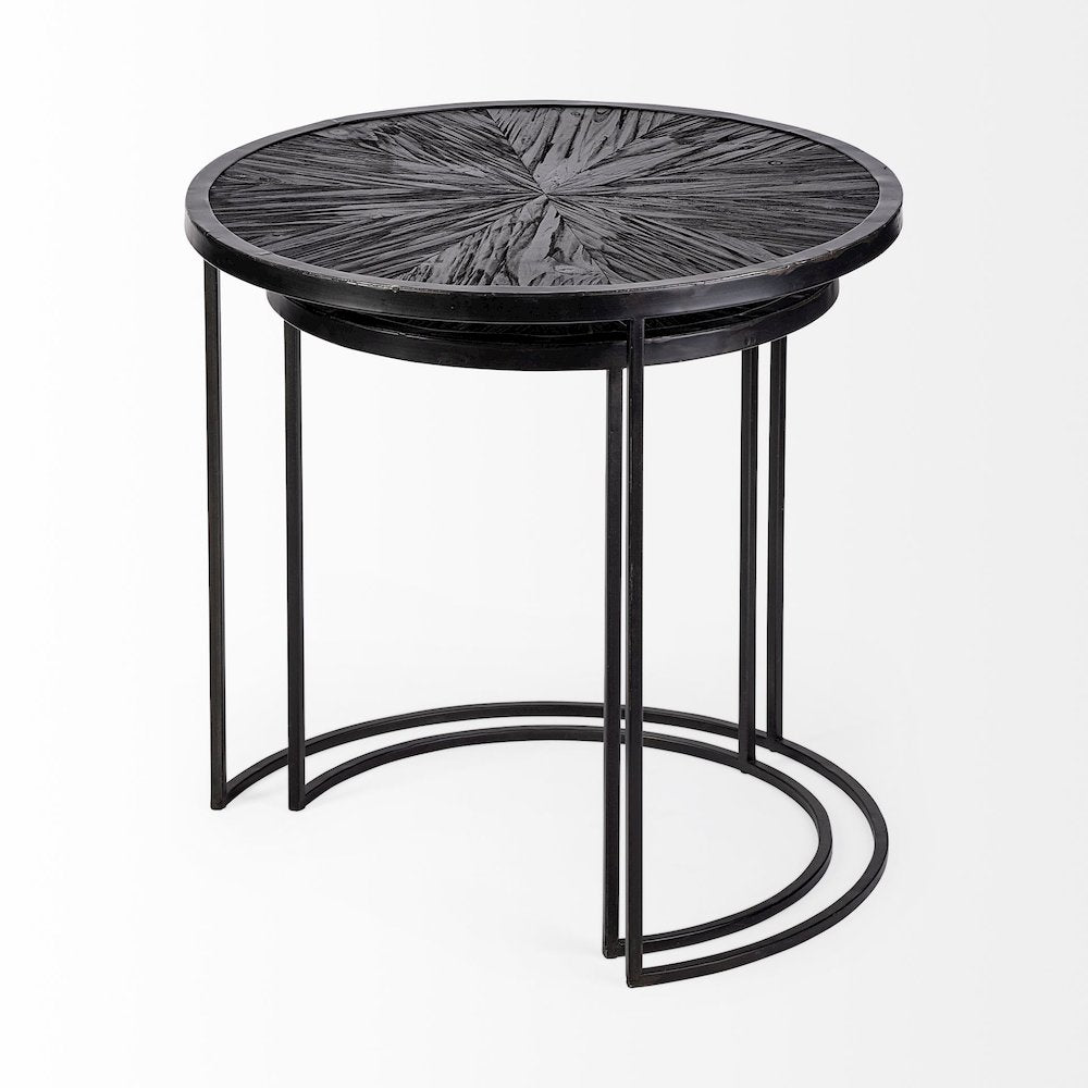 Chakra 19.7" Set of Two Round Dark Wood Top Black Frame Accent Tables