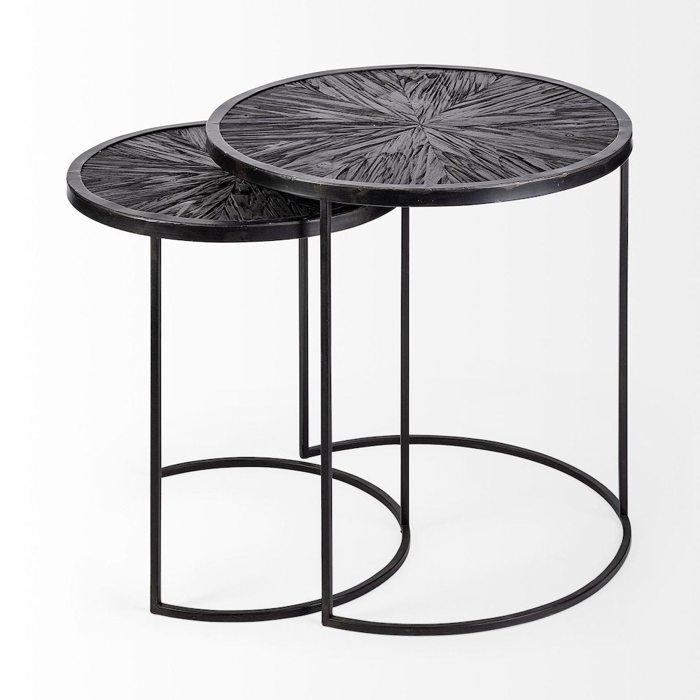 Chakra 19.7" Set of Two Round Dark Wood Top Black Frame Accent Tables