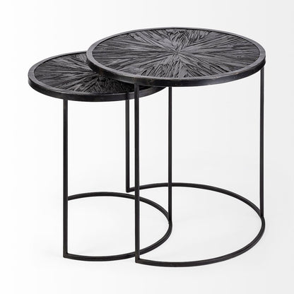 Chakra 19.7" Set of Two Round Dark Wood Top Black Frame Accent Tables