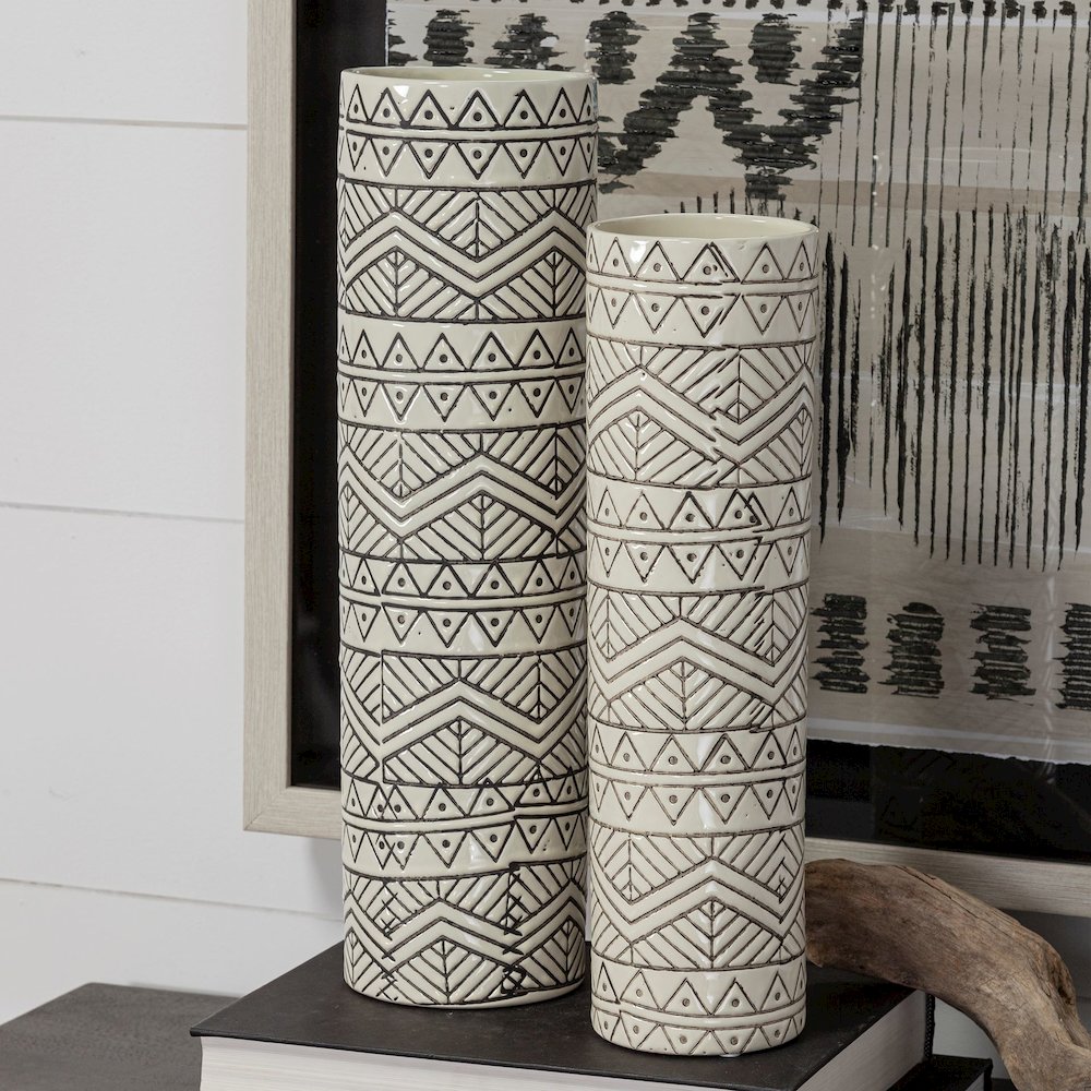 Uhura II Large Cream Black Patterned Cylindrical Ceramic Vase
