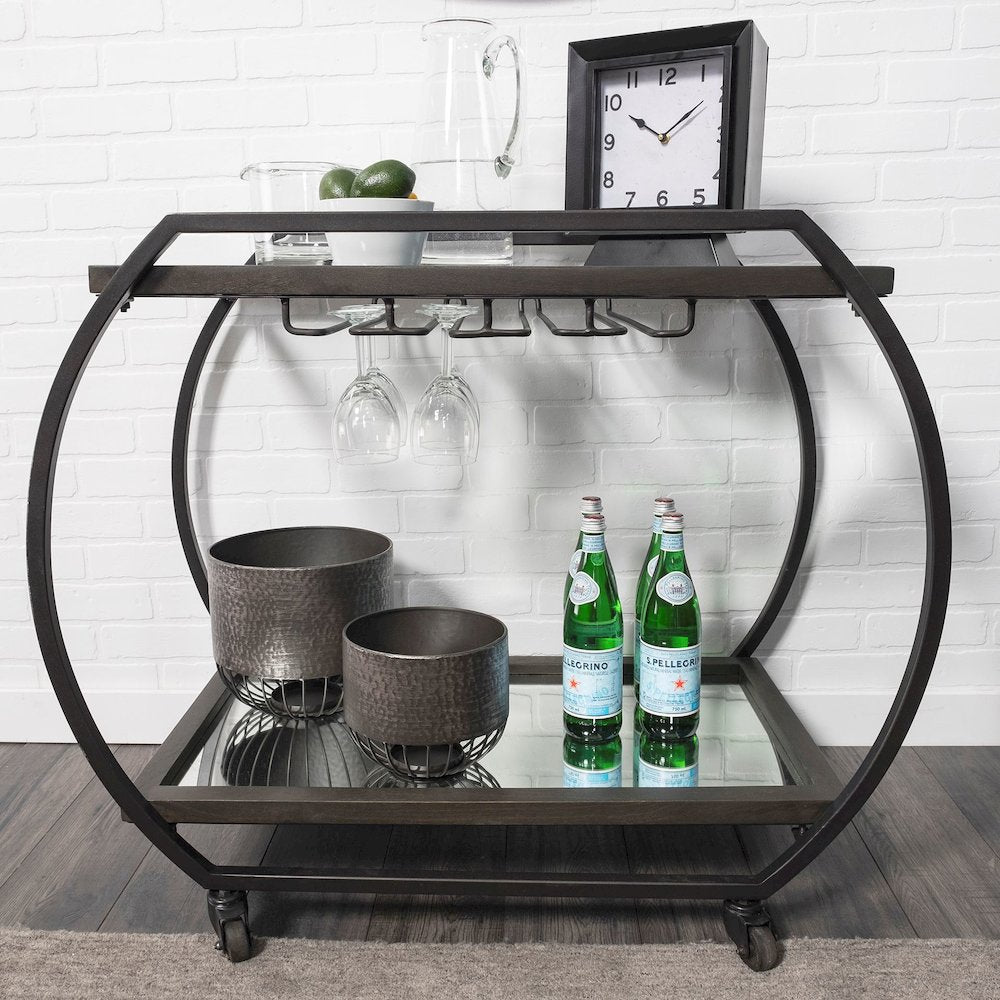 Chriselle Black Metal And Glass Two Tier Bar Cart