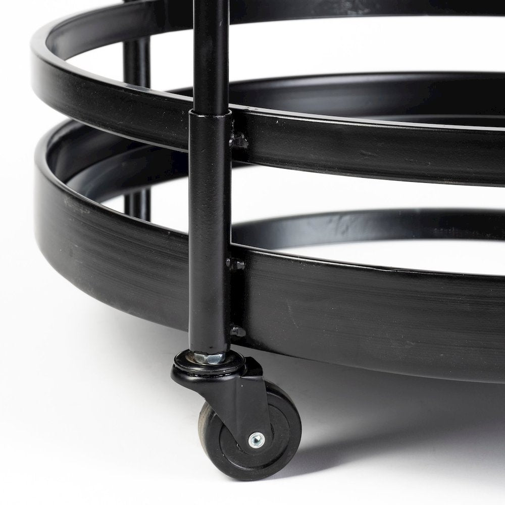 Ada Round Shape Black Metal Frame Two-Tier w/Glass Shelf Bar Cart