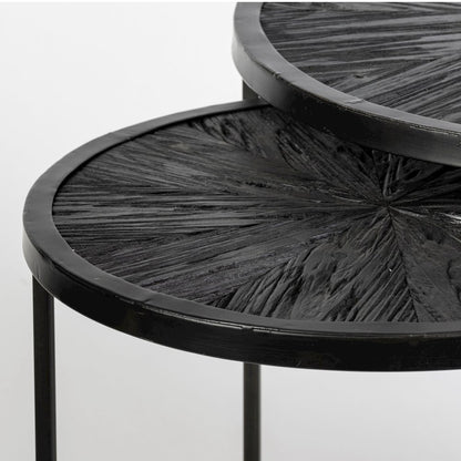 Chakra 19.7" Set of Two Round Dark Wood Top Black Frame Accent Tables