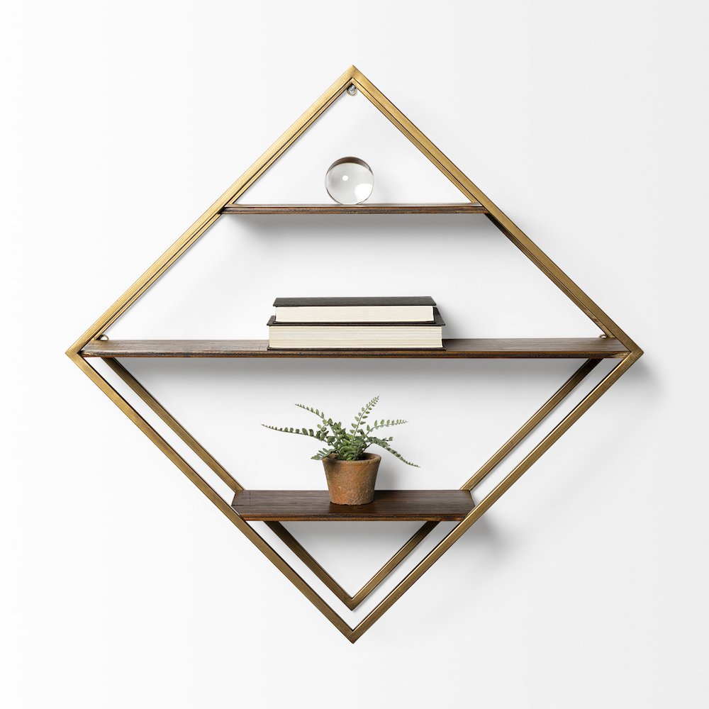 Neil I Diamond Shape Wall Mounted Brass Frame w Three Wood Wall Shelves