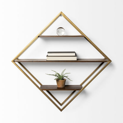 Neil I Diamond Shape Wall Mounted Brass Frame w Three Wood Wall Shelves