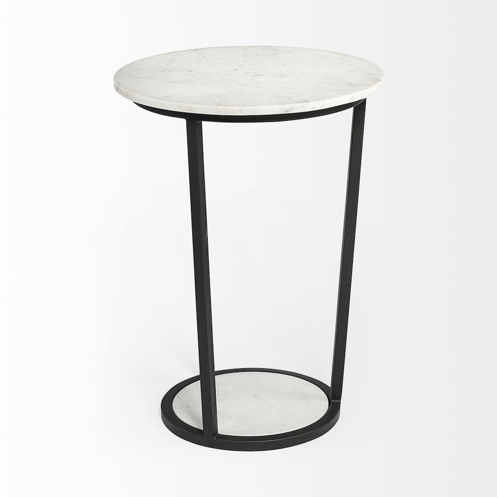 White Round Marble Top W/Black Metal Frame Accent Table