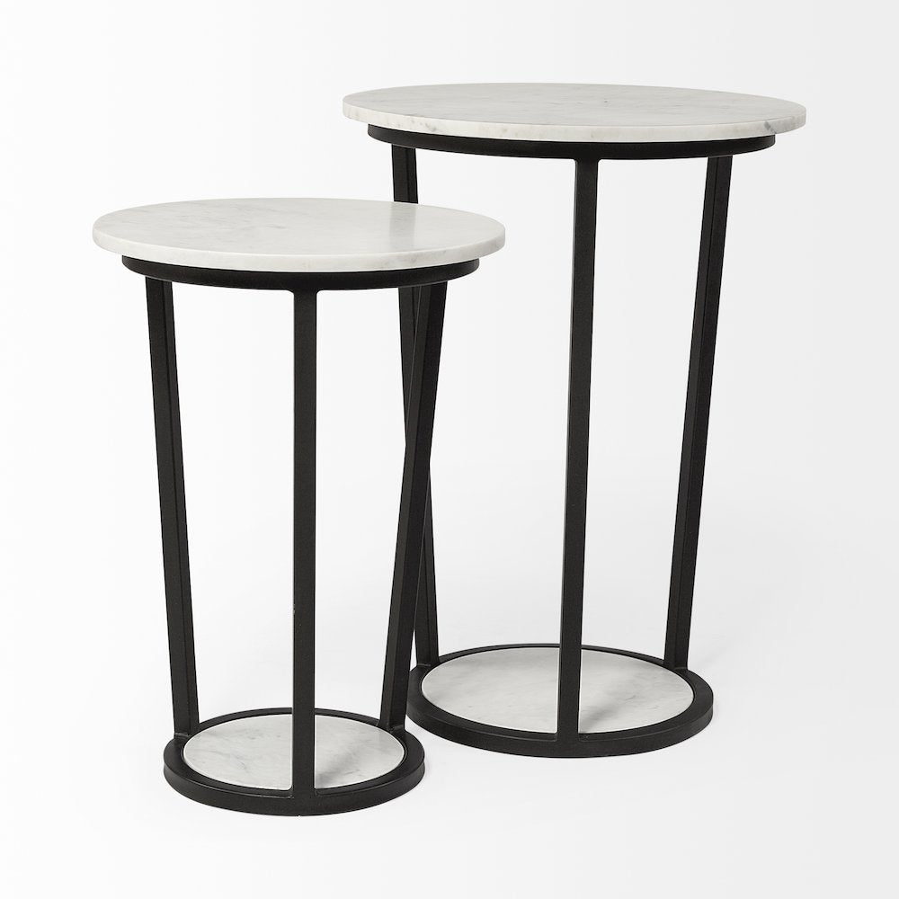 White Round Marble Top W/Black Metal Frame Accent Table