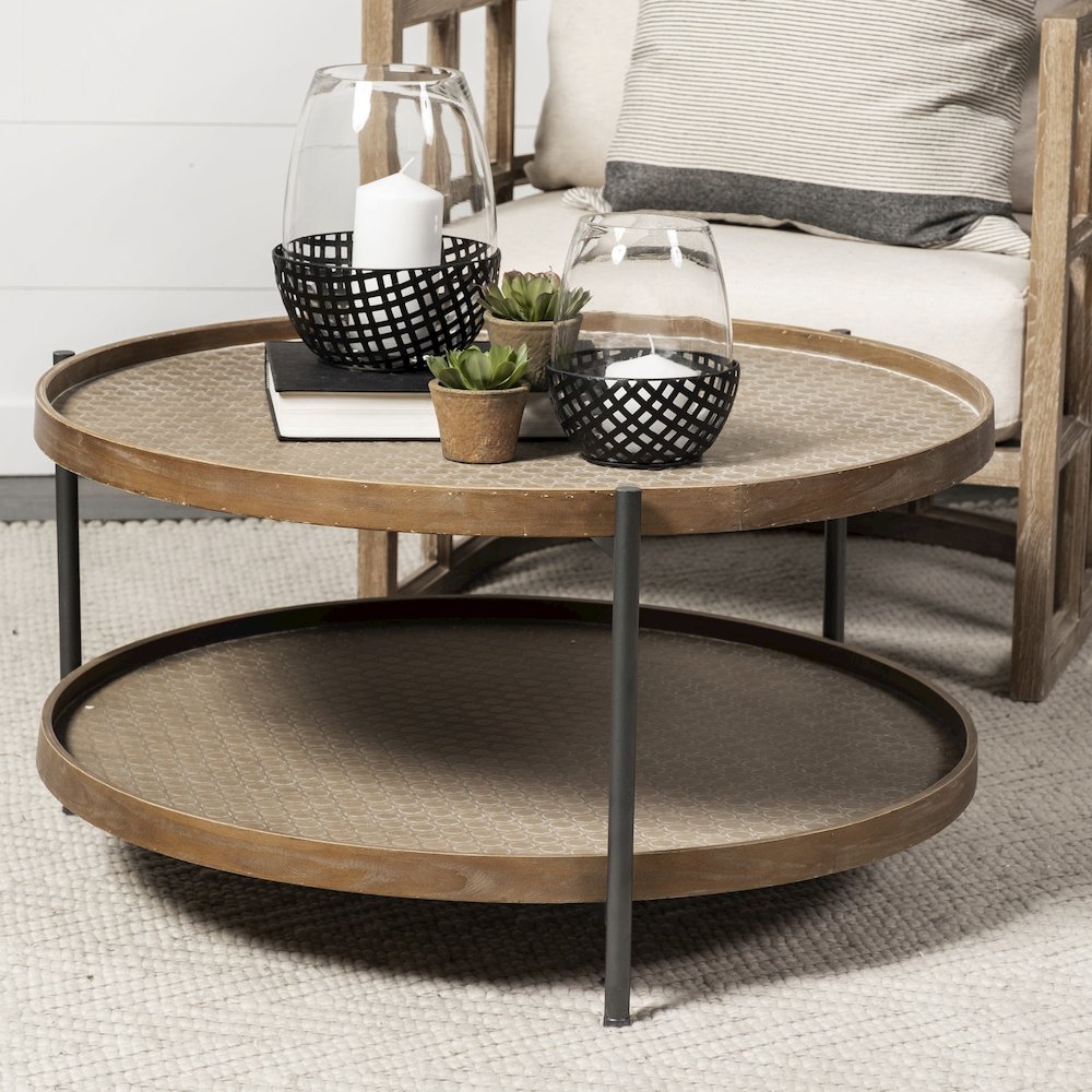 Kade 33" Round Brown Table Gray Metal Frame Two-Tier Coffee Table