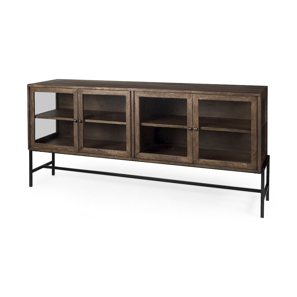 Medium Brown, Black Metal Base w/ 4 Glass Door Cabinets Sideboard