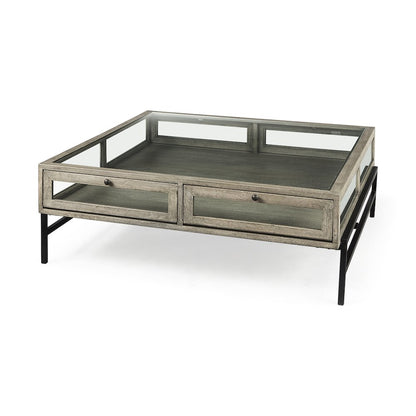 Arelius 42" Square Glass-Top Gray Wood w/ Black Metal Base Display Coffee Table