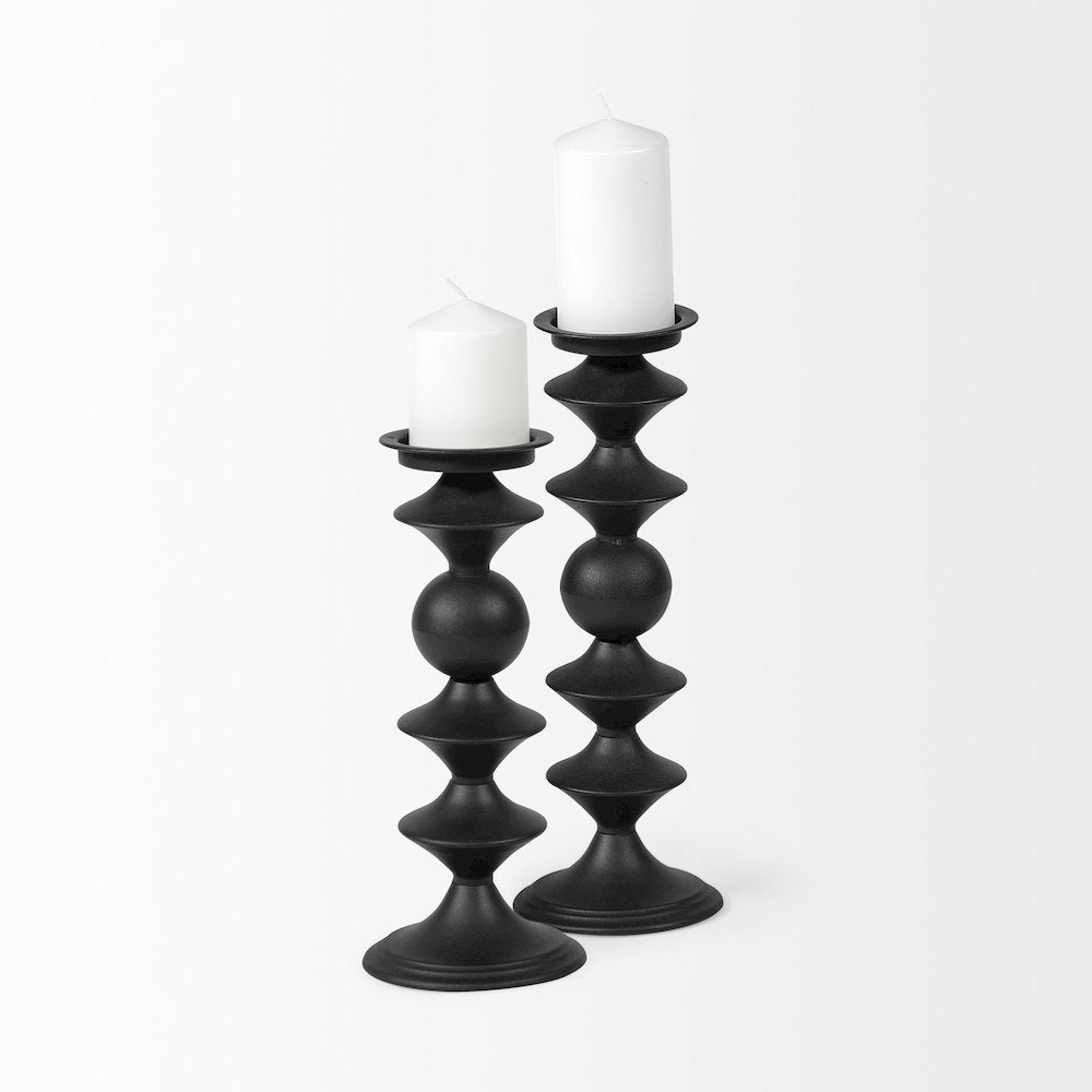Candelero I Small Black Metal Grooved Table Candle Holder