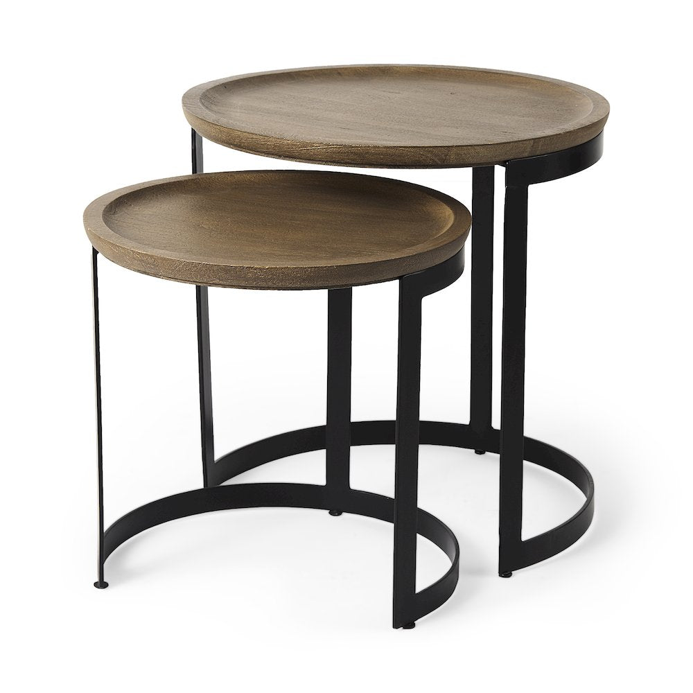 (Set of 2) Light Brown Wood W/ Black Metal Base Round Nesting Side Tables
