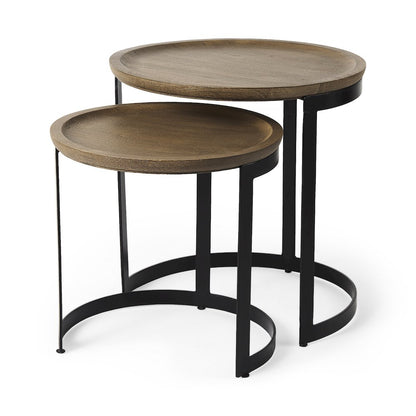 (Set of 2) Light Brown Wood W/ Black Metal Base Round Nesting Side Tables