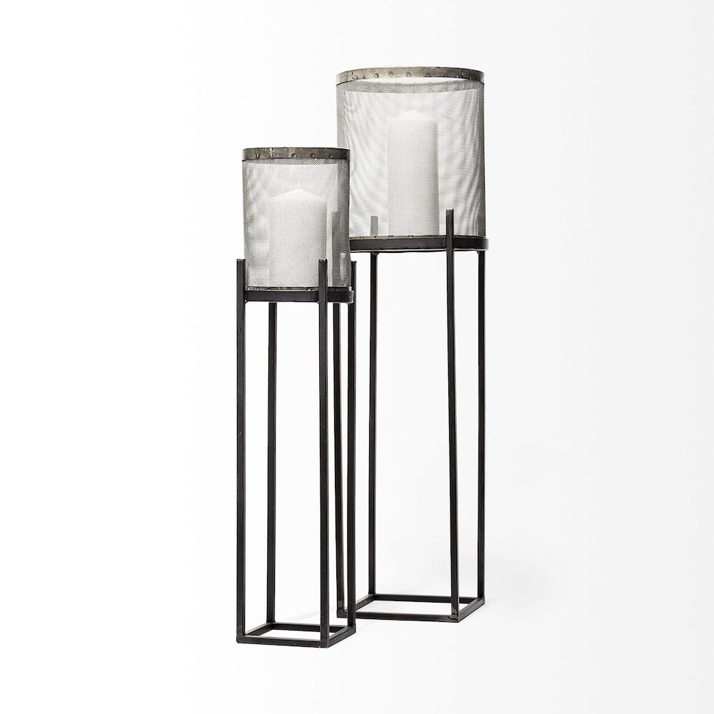 Steen Set of Two Black Meshed Metal Candle Holder Lanterns
