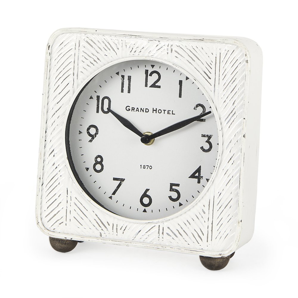 Karl 8.0L x 2.8W x 8.8H Rustic White Iron Rounded Square Table Clock