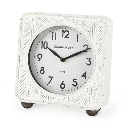 Karl 8.0L x 2.8W x 8.8H Rustic White Iron Rounded Square Table Clock