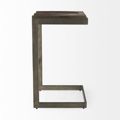 Medium Brown Wood W/ Antique Nickel Finished Metal Frame Bar Stool