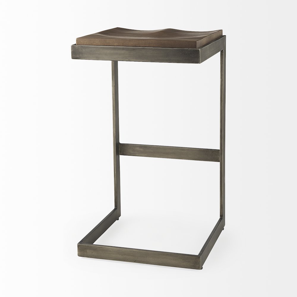 Medium Brown Wood W/ Antique Nickel Finished Metal Frame Bar Stool