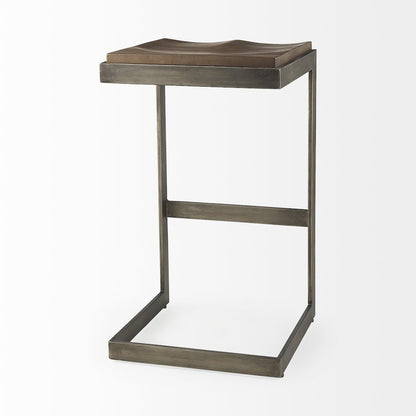 Medium Brown Wood W/ Antique Nickel Finished Metal Frame Bar Stool