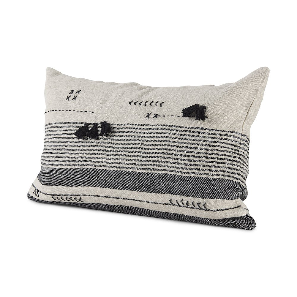 Black and Beige Fabric Striped and Fringed Decorative Pillow Cover