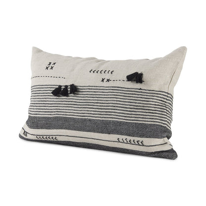 Black and Beige Fabric Striped and Fringed Decorative Pillow Cover