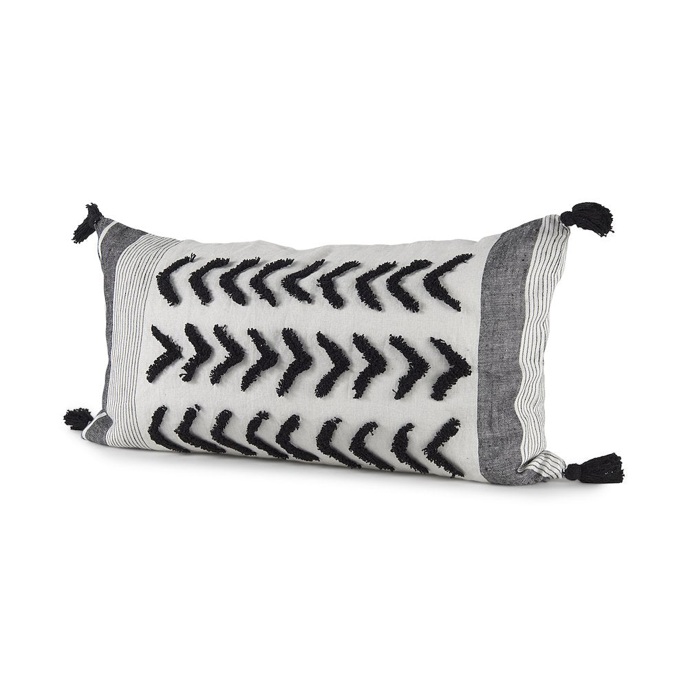 White and Black Fabric Herringbone and Fringed Decorative Pillow Cover