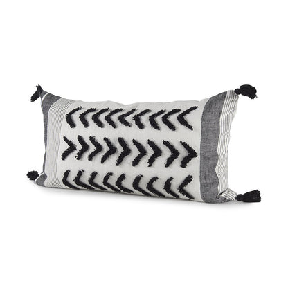 White and Black Fabric Herringbone and Fringed Decorative Pillow Cover