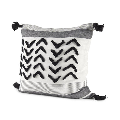 White and Black Fabric Herringbone and Fringed Decorative Pillow Cover