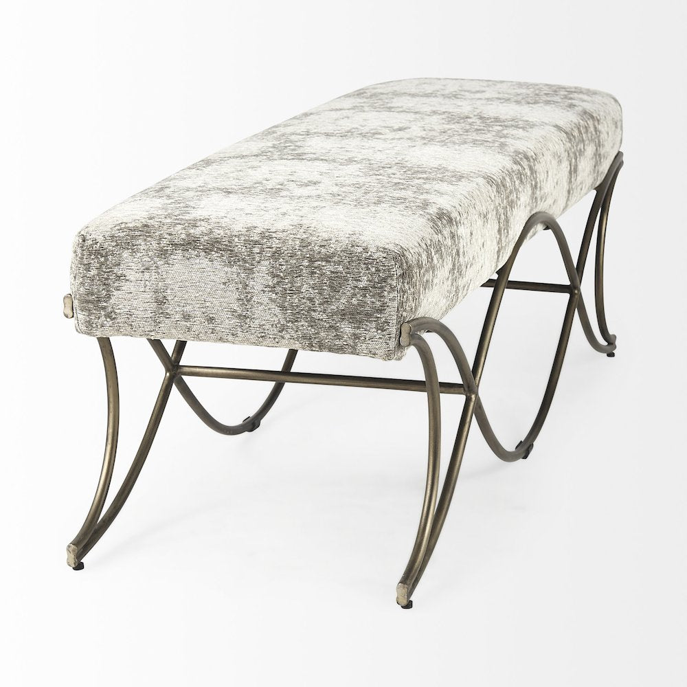 Light and Dark Gray Fabric Seat W/ Antique Gold Metal Frame Bench