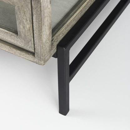Arelius 42" Square Glass-Top Gray Wood w/ Black Metal Base Display Coffee Table