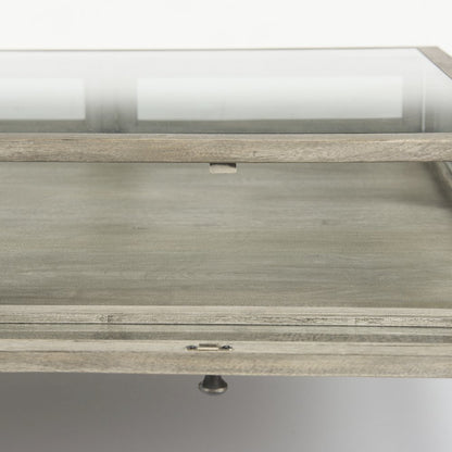 Arelius 42" Square Glass-Top Gray Wood w/ Black Metal Base Display Coffee Table