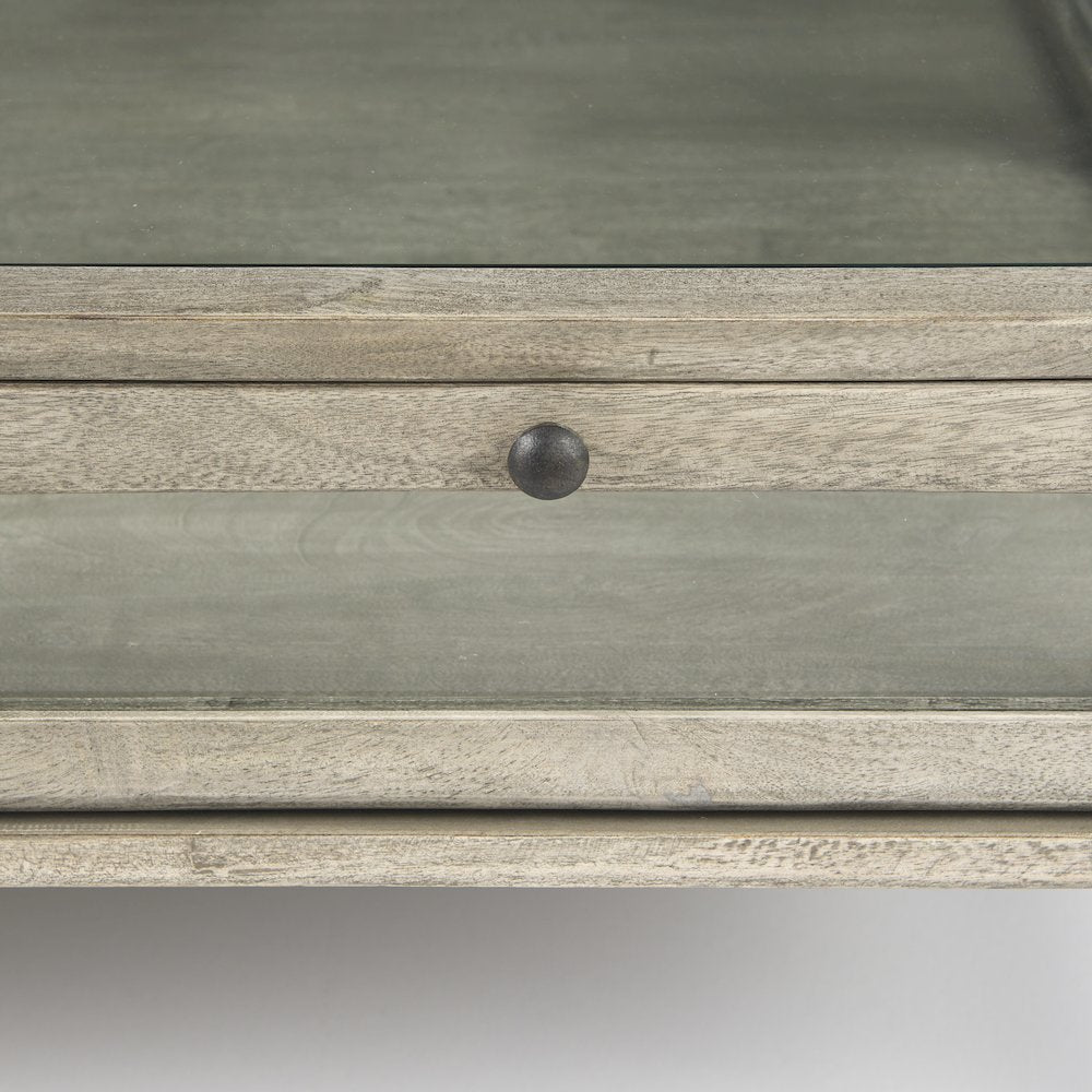 Arelius 42" Square Glass-Top Gray Wood w/ Black Metal Base Display Coffee Table