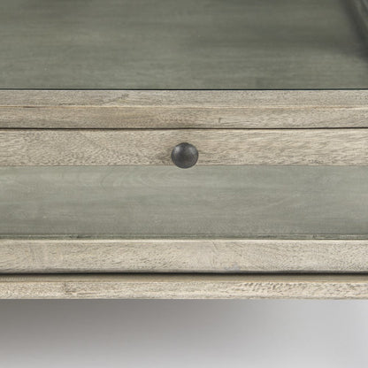 Arelius 42" Square Glass-Top Gray Wood w/ Black Metal Base Display Coffee Table