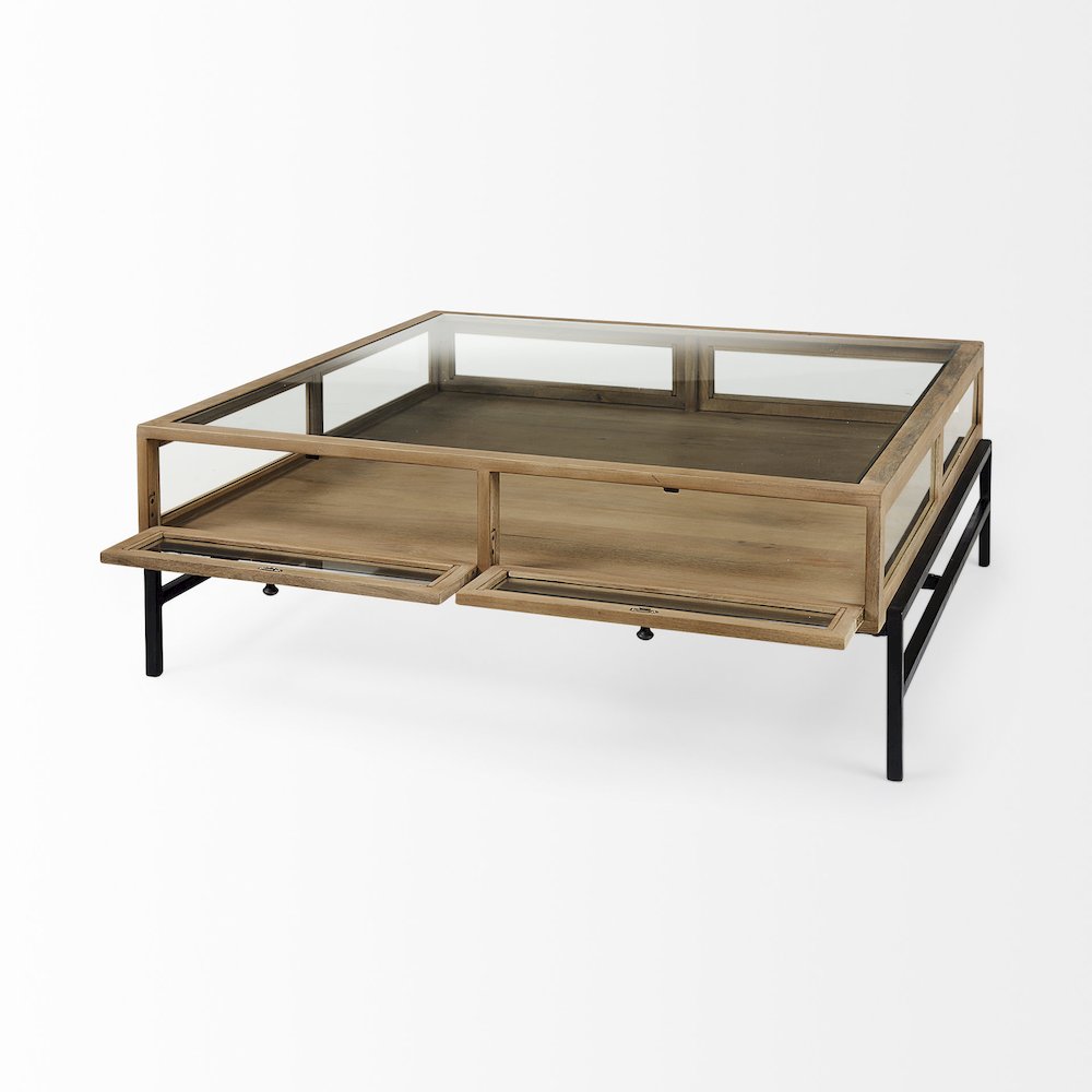 42" Square Glass-Top Light Brown w/ Black Metal Base Display Coffee Table