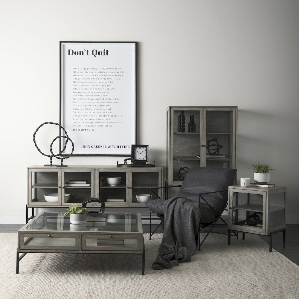 Arelius 42" Square Glass-Top Gray Wood w/ Black Metal Base Display Coffee Table